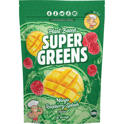 Macro Mike Super Greens in Mango Raspberry Splash flavor, a nutrient-rich greens blend supporting digestion, energy, and overall wellness.