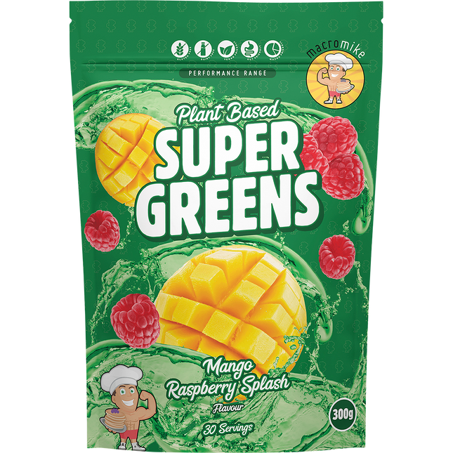 Macro Mike Super Greens in Mango Raspberry Splash flavor, a nutrient-rich greens blend supporting digestion, energy, and overall wellness.