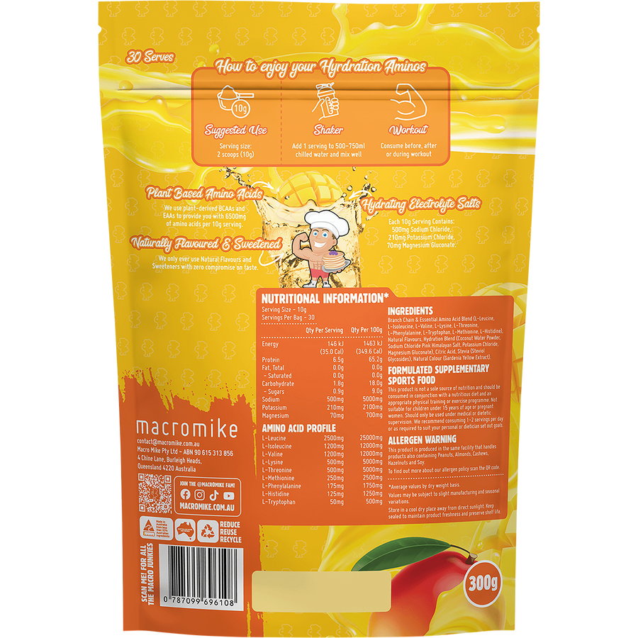 Tropical Mango Plant Based Hydration Aminos from Macro Mike, ideal for electrolyte balance, recovery, and active lifestyles.