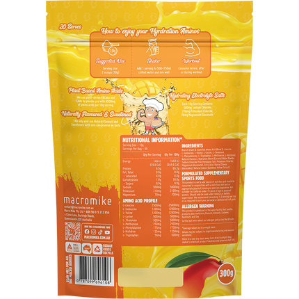 Tropical Mango Plant Based Hydration Aminos from Macro Mike, ideal for electrolyte balance, recovery, and active lifestyles.