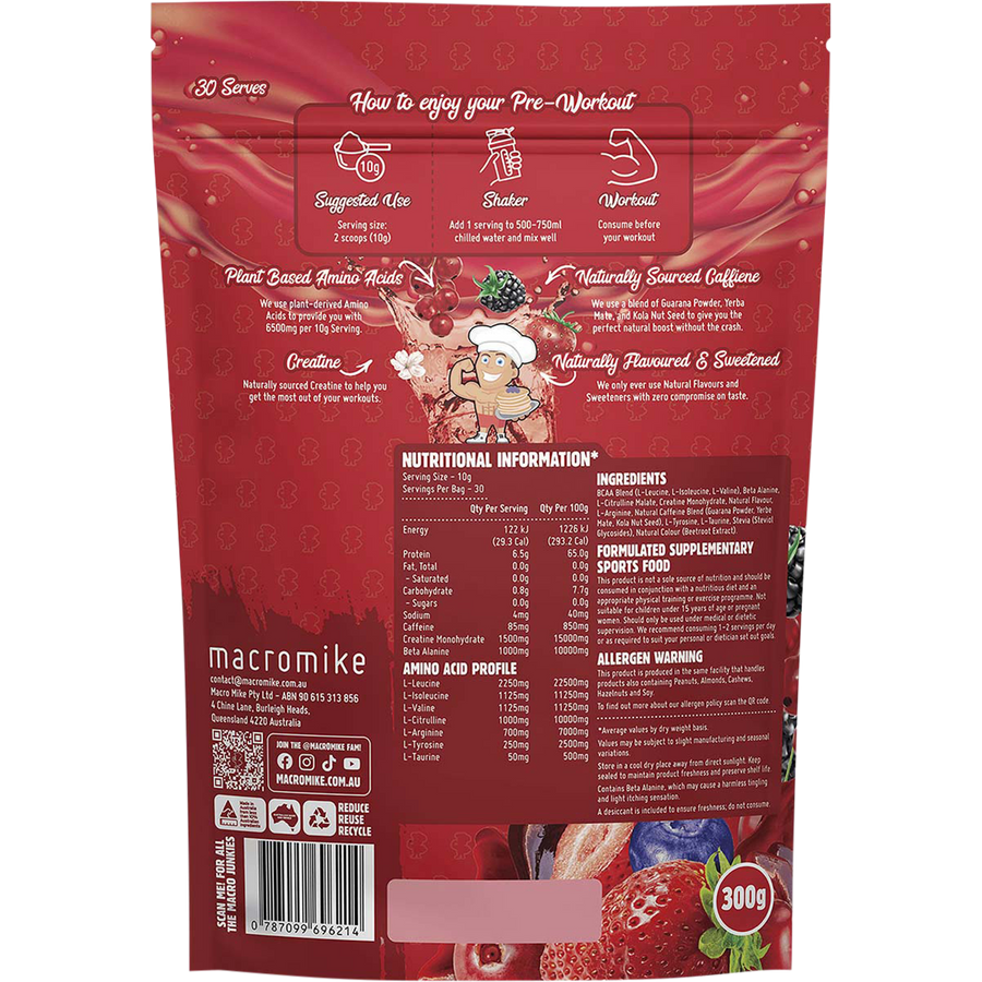 Tropical Mixed Berry Pre Workout from Macro Mike, ideal for enhancing endurance, energy levels, and exercise performance.