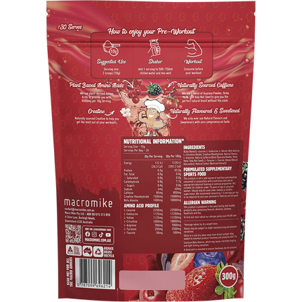Tropical Mixed Berry Pre Workout from Macro Mike, ideal for enhancing endurance, energy levels, and exercise performance.