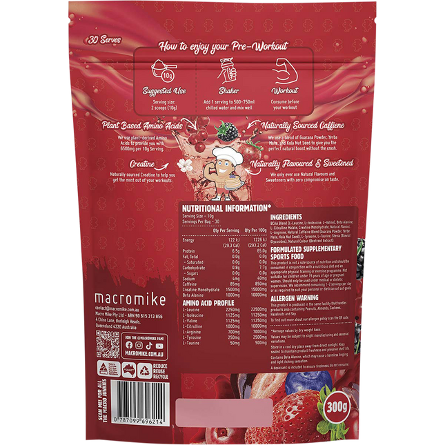 Tropical Mixed Berry Pre Workout from Macro Mike, ideal for enhancing endurance, energy levels, and exercise performance.