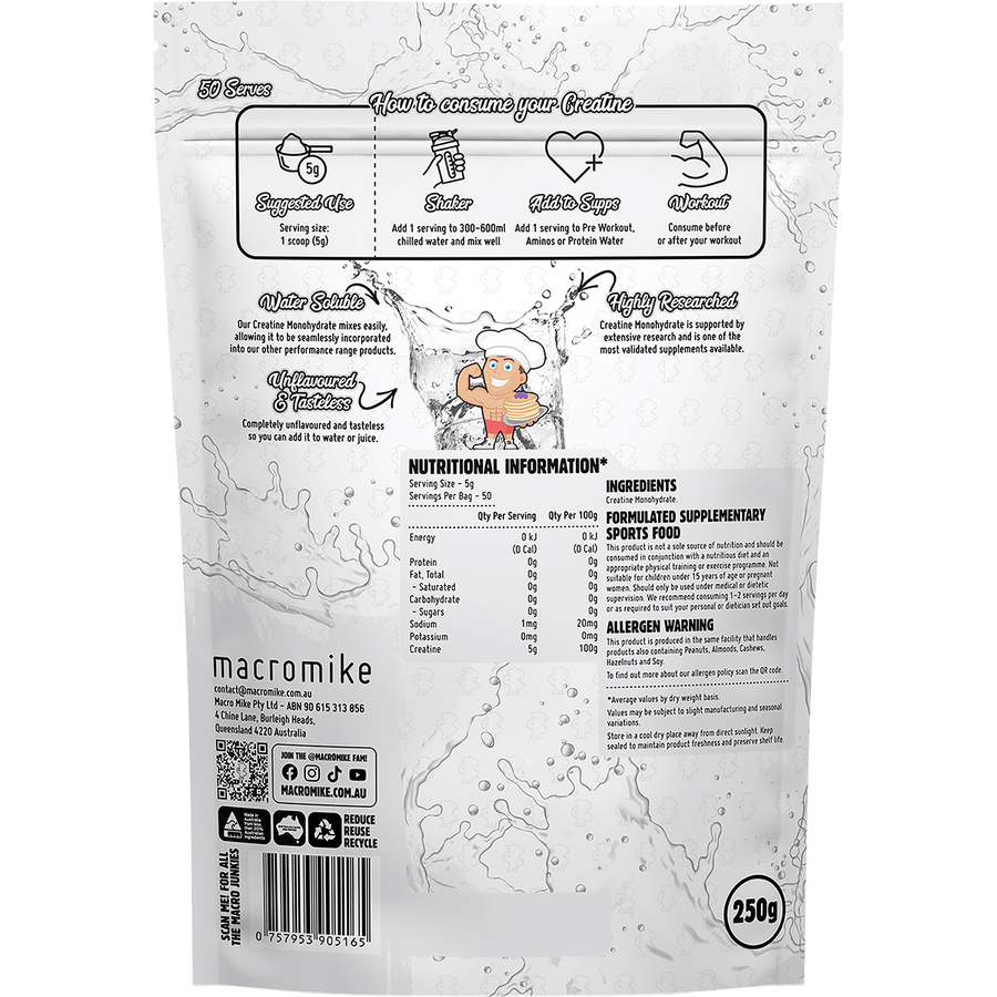 Unflavoured Plant Based Creatine Monohydrate by Macro Mike, a clean and effective supplement for improving workout performance and muscle power.