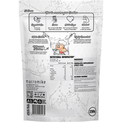 Unflavoured Plant Based Creatine Monohydrate by Macro Mike, a clean and effective supplement for improving workout performance and muscle power.