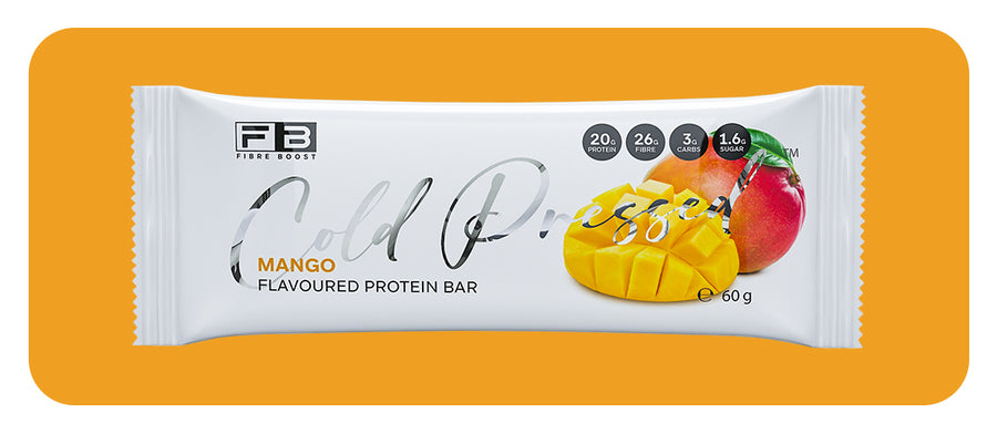Protein bar packaging with mango flavor on a yellow background
