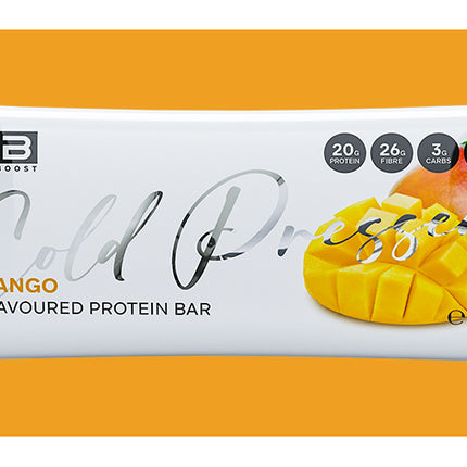 Protein bar packaging with mango flavor on a yellow background