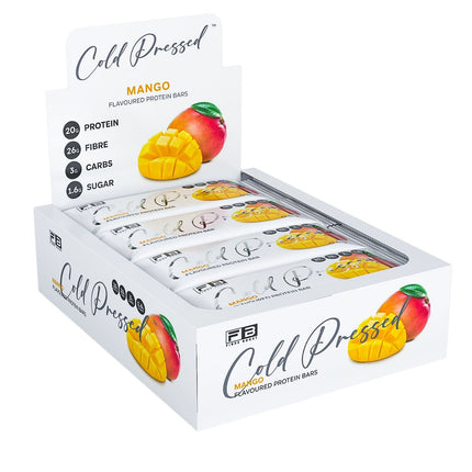 Box of 'Cold Pressed' mango protein bars on a white background