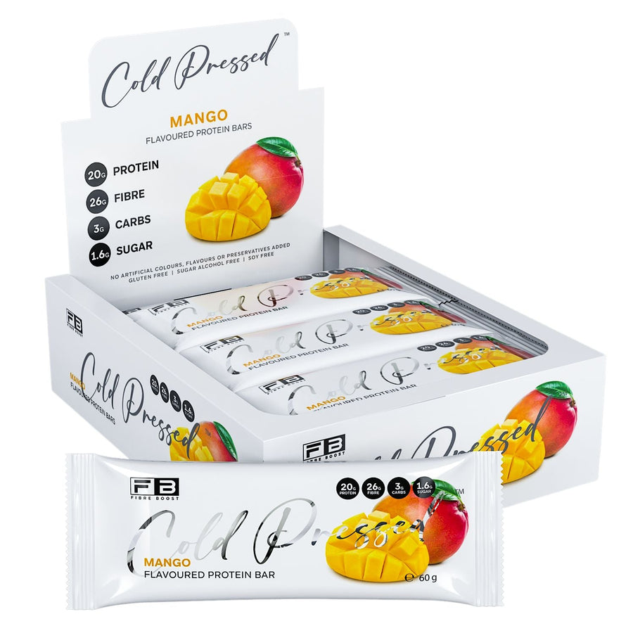 Box of Fibre Boost Cold Pressed Mango protein bars on a white background