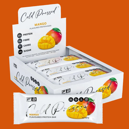 Box of Fibre Boost Cold Pressed Mango protein bars on a white background