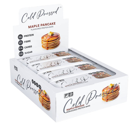 Box of Cold Pressed Maple Pancake protein bars on a white background