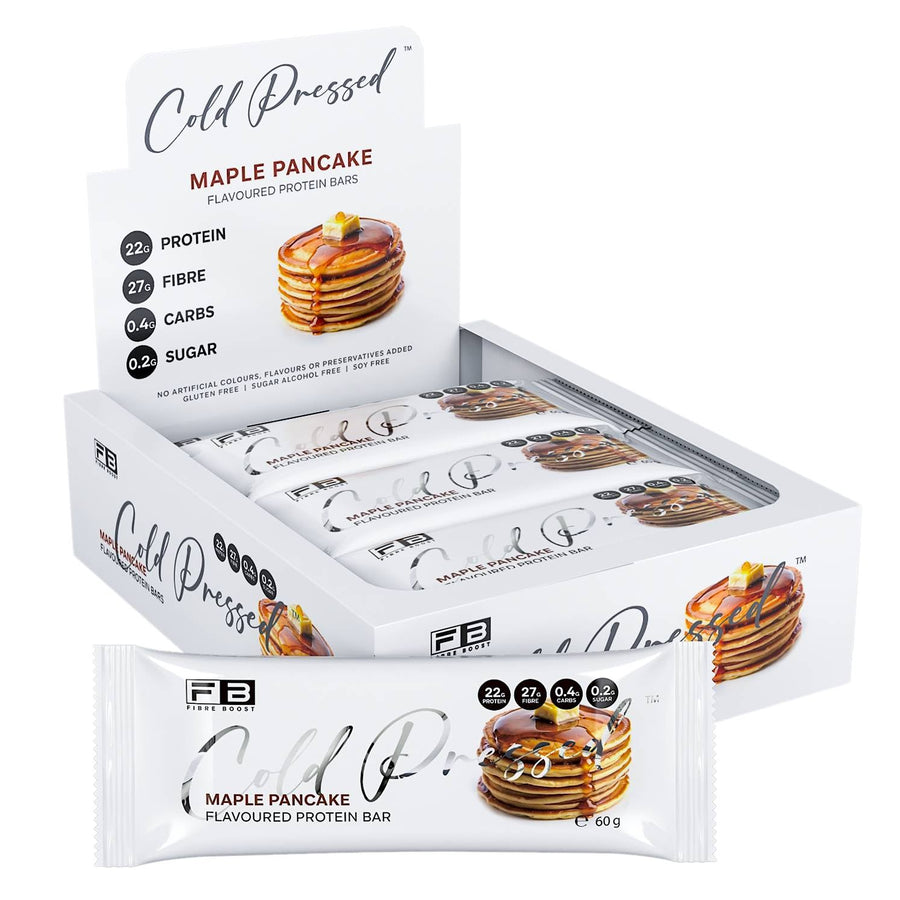 Box of Fibre Boost Cold Pressed Maple Pancake protein bars on a white background