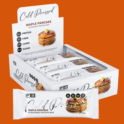 Box of Fibre Boost Cold Pressed Maple Pancake protein bars on a white background