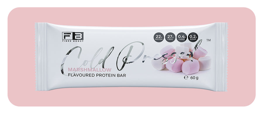 Protein bar packaging with marshmallow flavor on a pink background