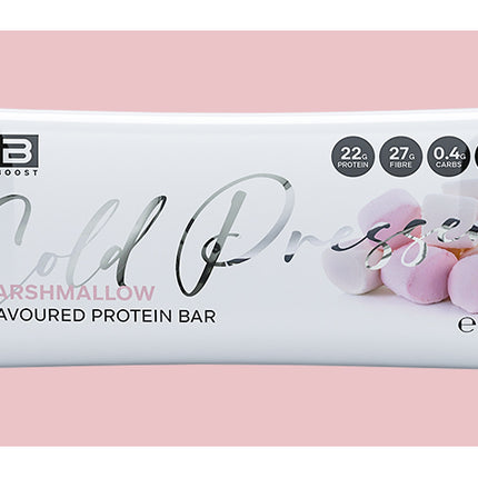 Protein bar packaging with marshmallow flavor on a pink background