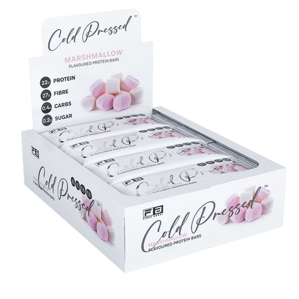 Box of Cold Pressed marshmallow flavored protein bars with visible branding.
