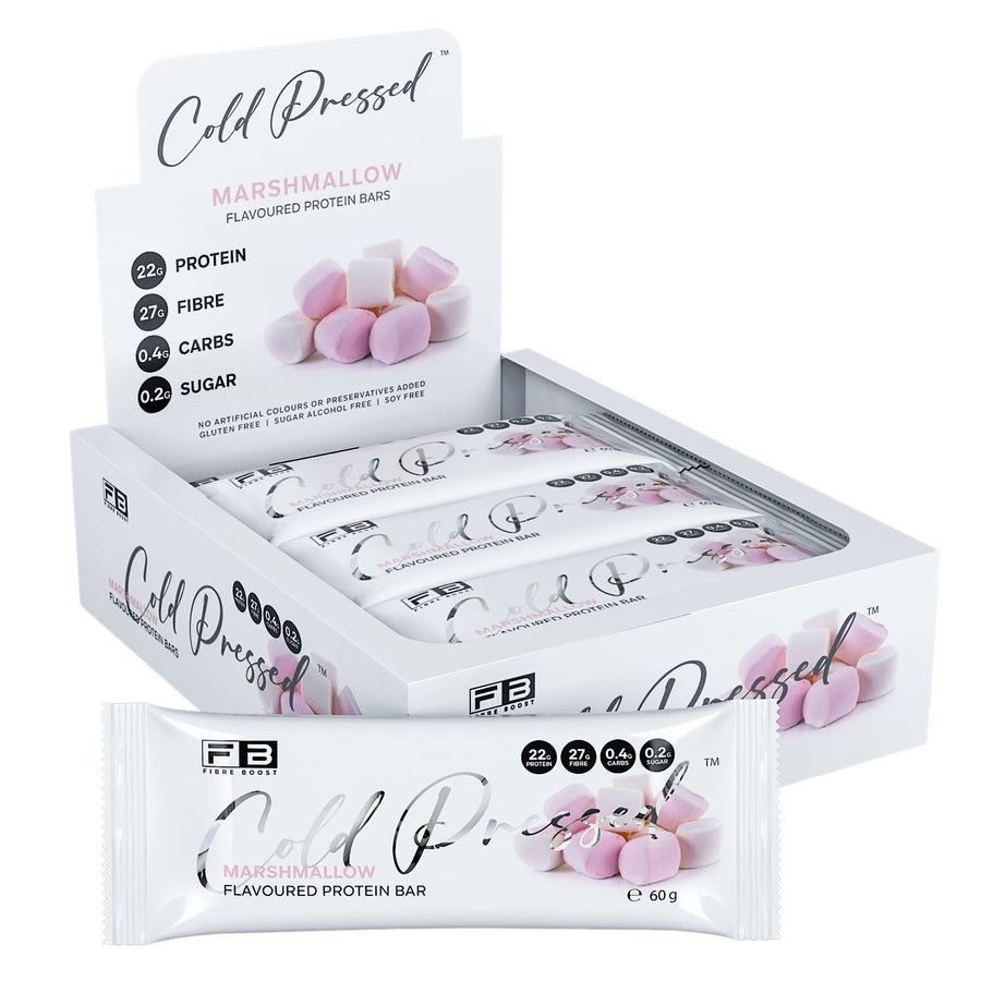 Box of Cold Pressed Marshmallow protein bars with packaging details on a white background