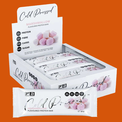 Box of Cold Pressed Marshmallow protein bars with packaging details on a white background