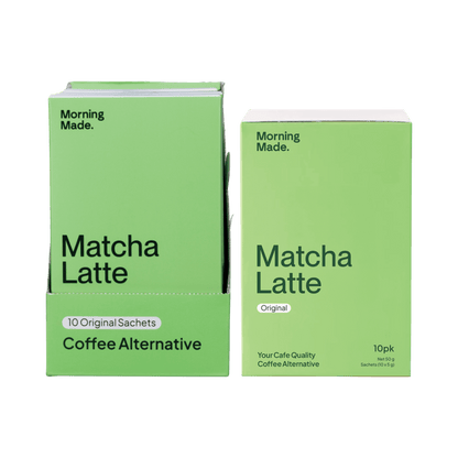 Two green boxes of 'Morning Made' Matcha Latte coffee alternative on a green background