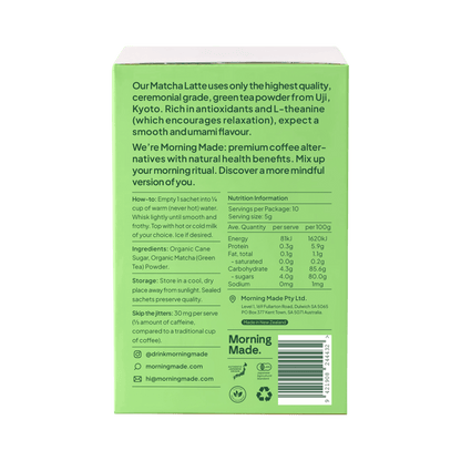 Green box of Morning Made matcha latte mix with text and branding on a green background