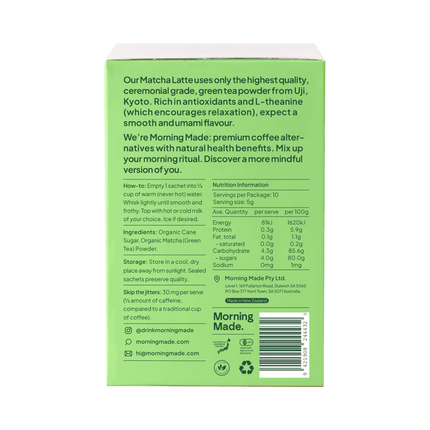Green box of Morning Made matcha latte mix with text and branding on a green background