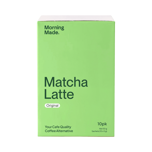 Green box of Matcha Latte with 'Morning Made' branding on a green background