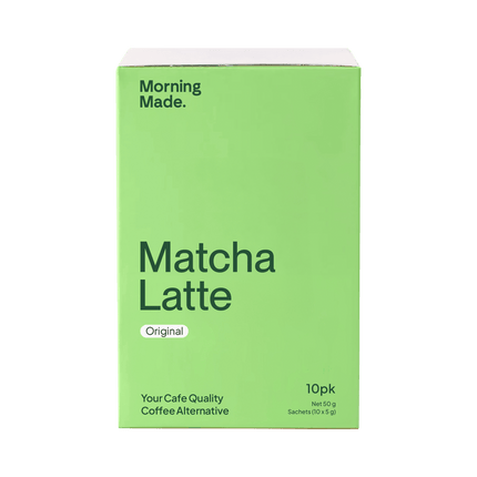 Green box of Matcha Latte with 'Morning Made' branding on a green background