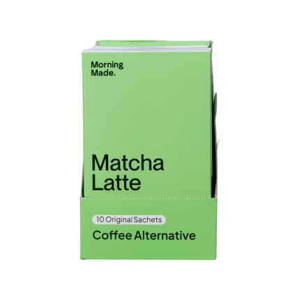 Green box of 'Matcha Latte' coffee alternative with 'Morning Made.' branding on a green background.