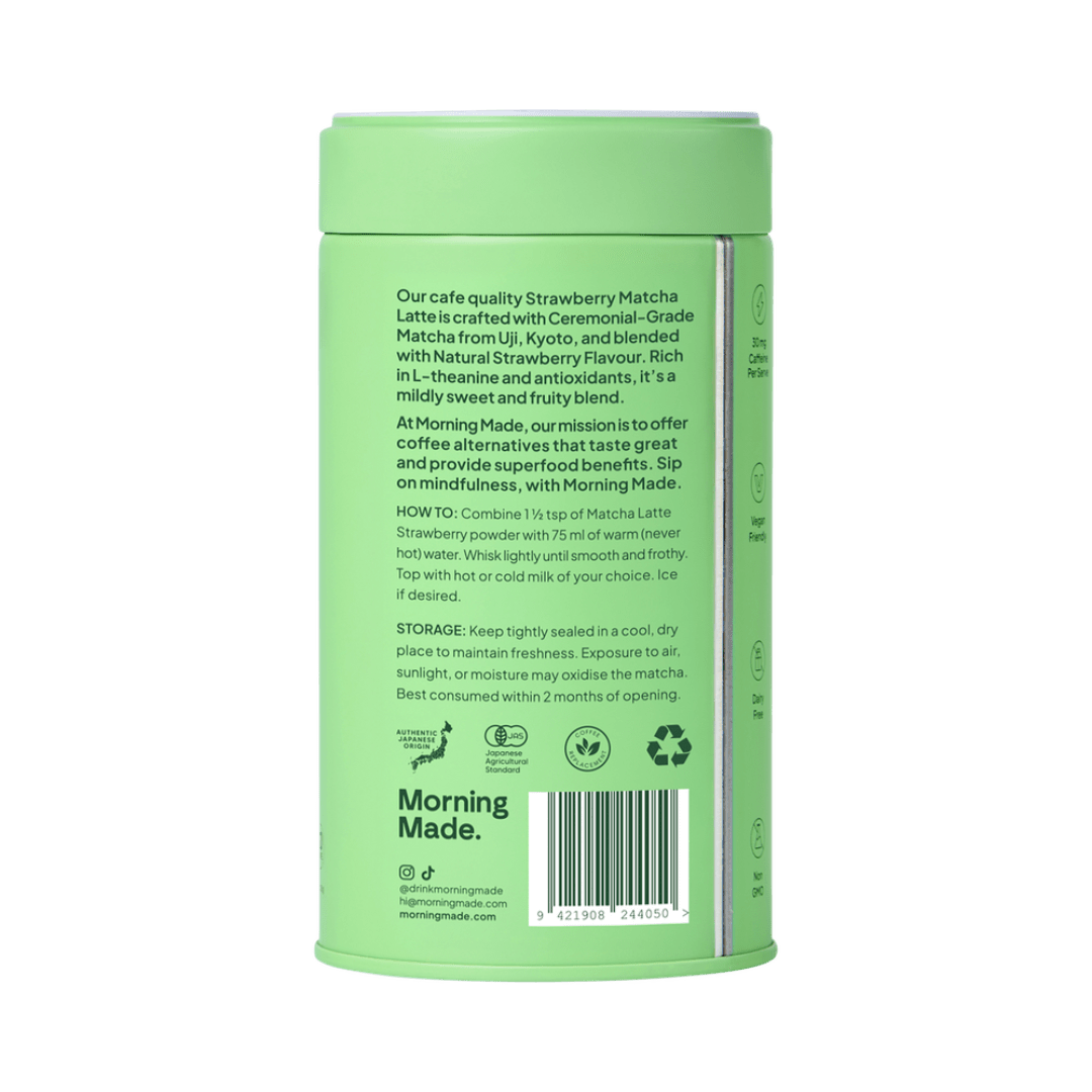 Green cylindrical container with text on a green background