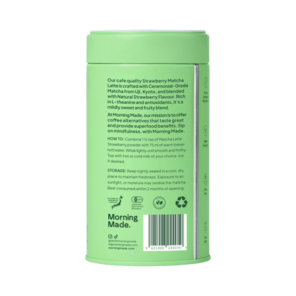 Green cylindrical container with text on a green background