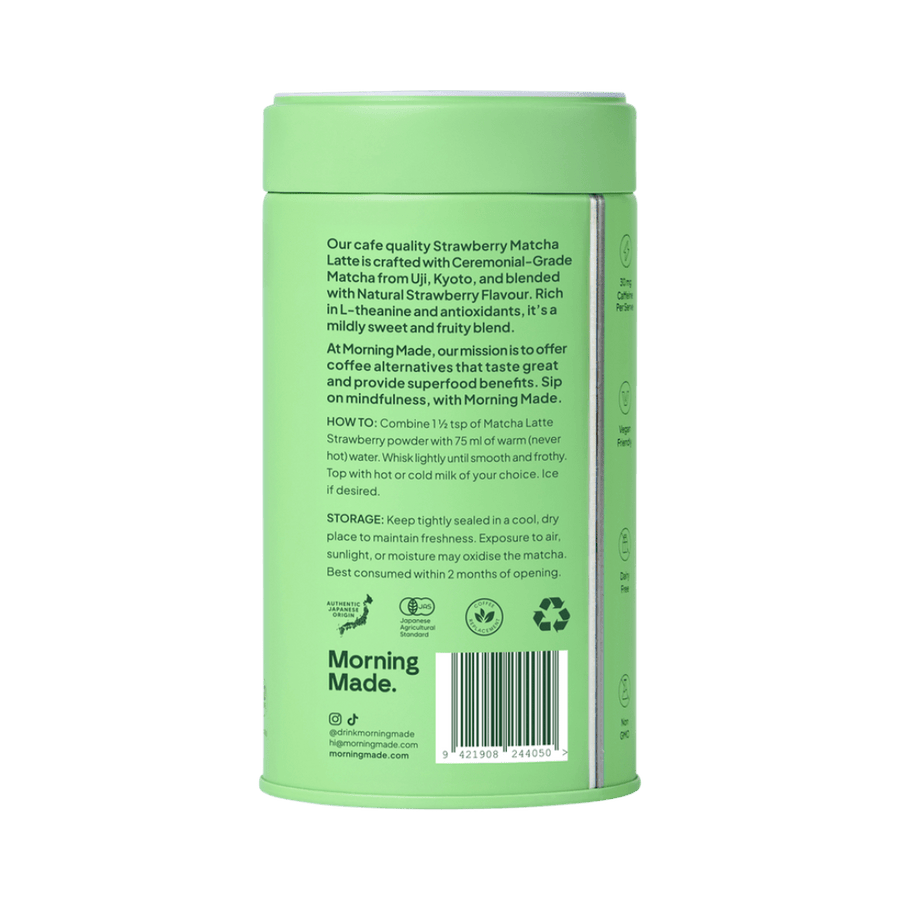 Green cylindrical container with text on a green background