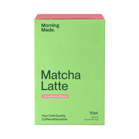 Green box of Matcha Latte with 'Morning Made' branding on a green background
