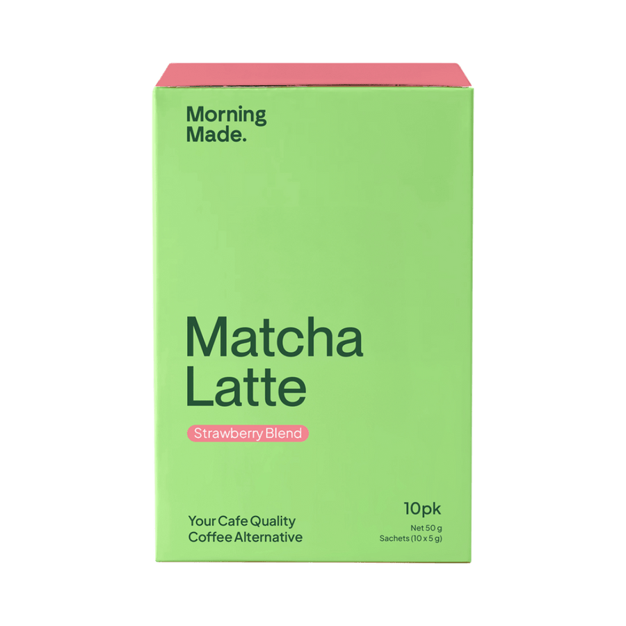 Green box of Matcha Latte with 'Morning Made' branding on a green background