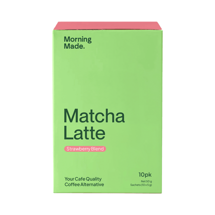 Green box of Matcha Latte with 'Morning Made' branding on a green background