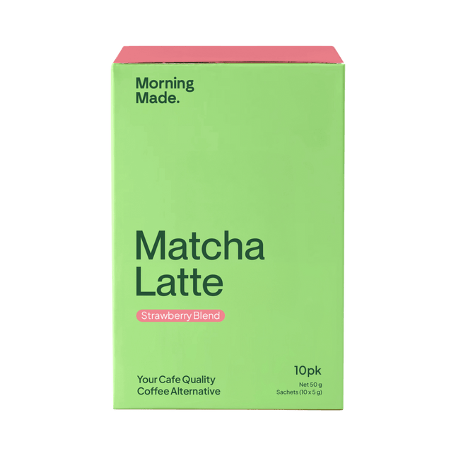Green box of Matcha Latte with 'Morning Made' branding on a green background