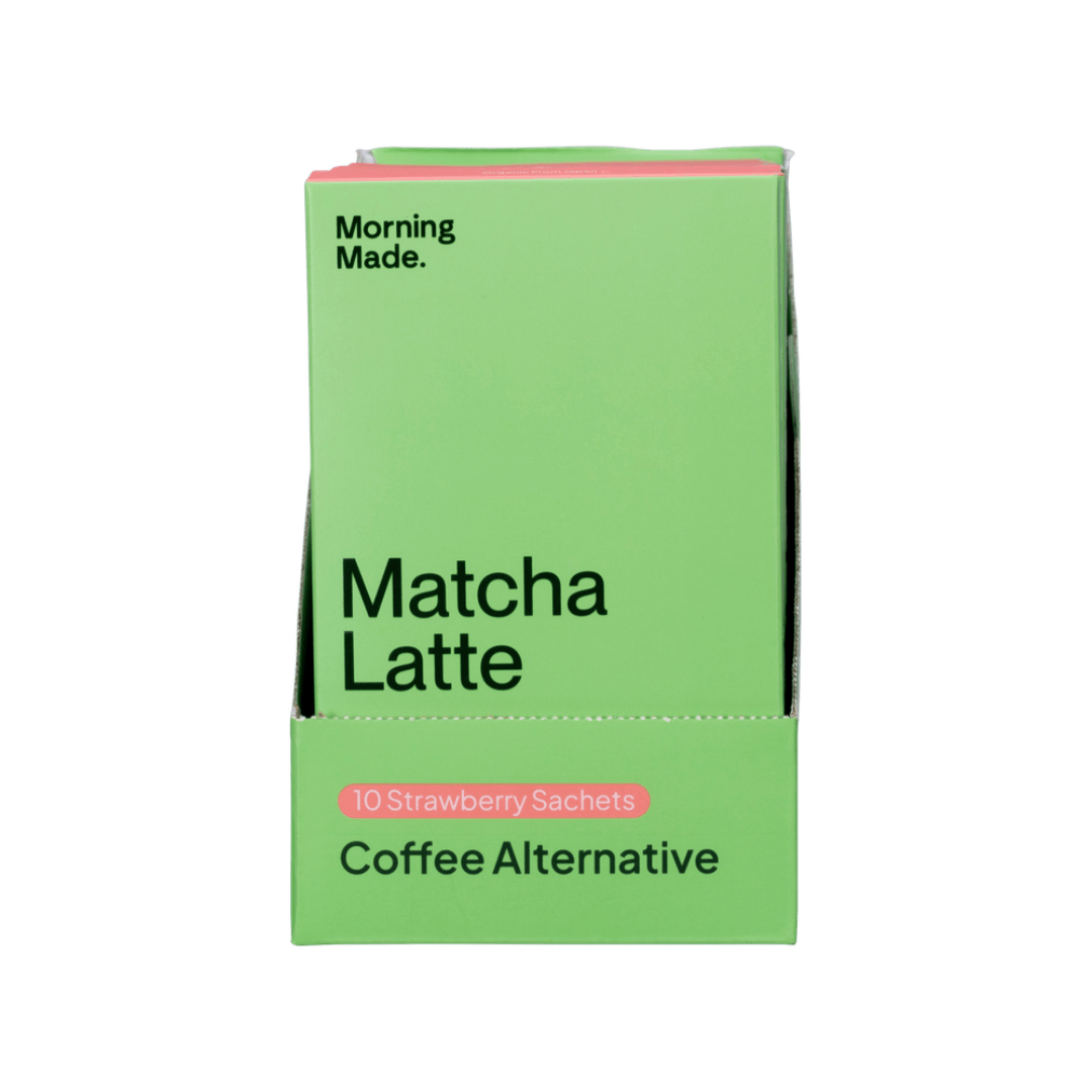 Green package of Matcha Latte coffee alternative with 'Morning Made' branding on a green background