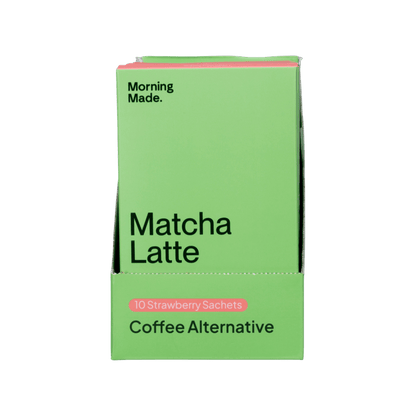 Green package of Matcha Latte coffee alternative with 'Morning Made' branding on a green background