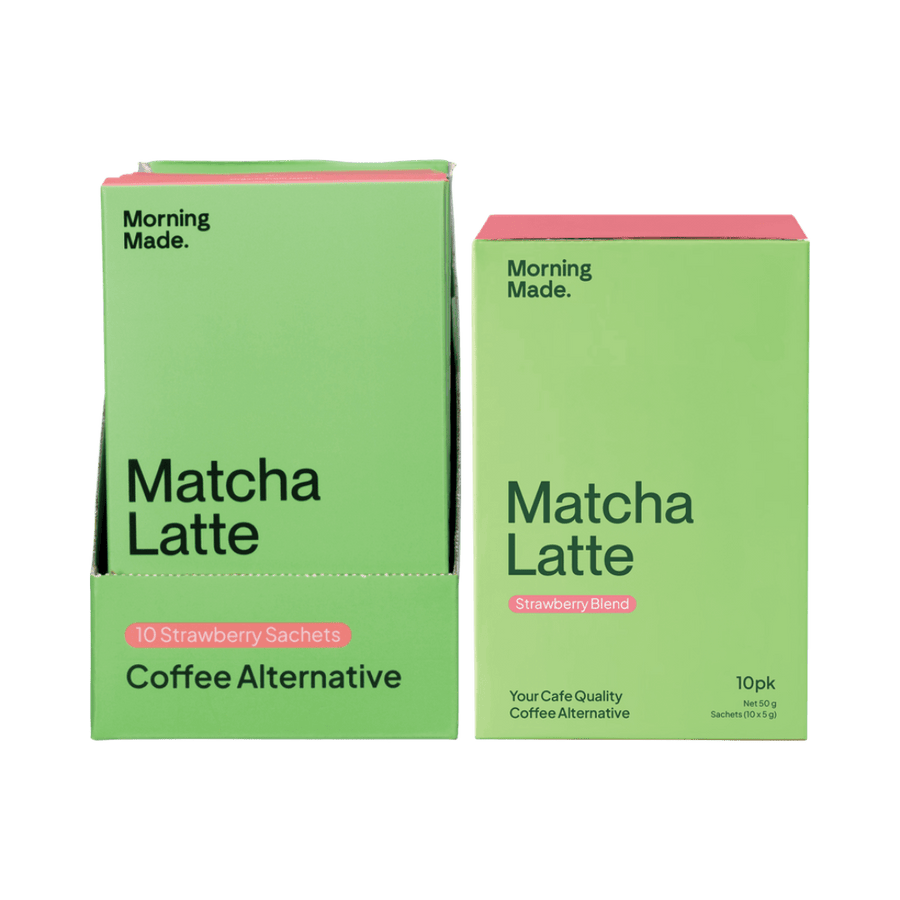 Two green boxes of 'Matcha Latte' coffee alternative by 'Morning Made' on a green background.