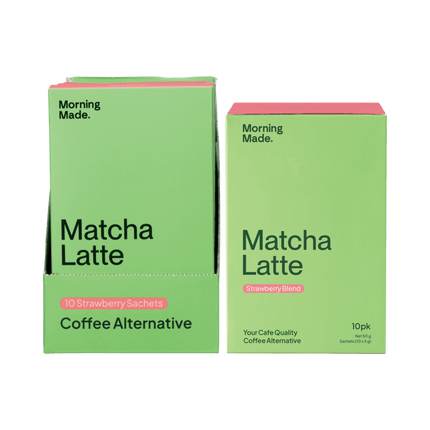Two green boxes of 'Matcha Latte' coffee alternative by 'Morning Made' on a green background.