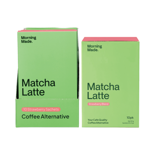 Two green boxes of 'Matcha Latte' coffee alternative by 'Morning Made' on a green background.
