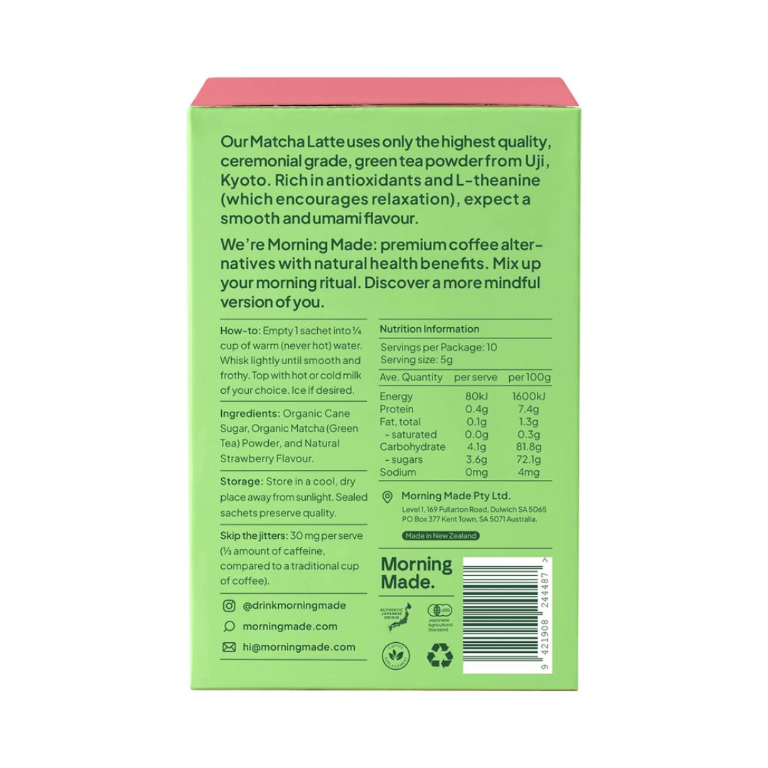 Back view of Morning Made Strawberry Matcha Latte Sachets with product details.