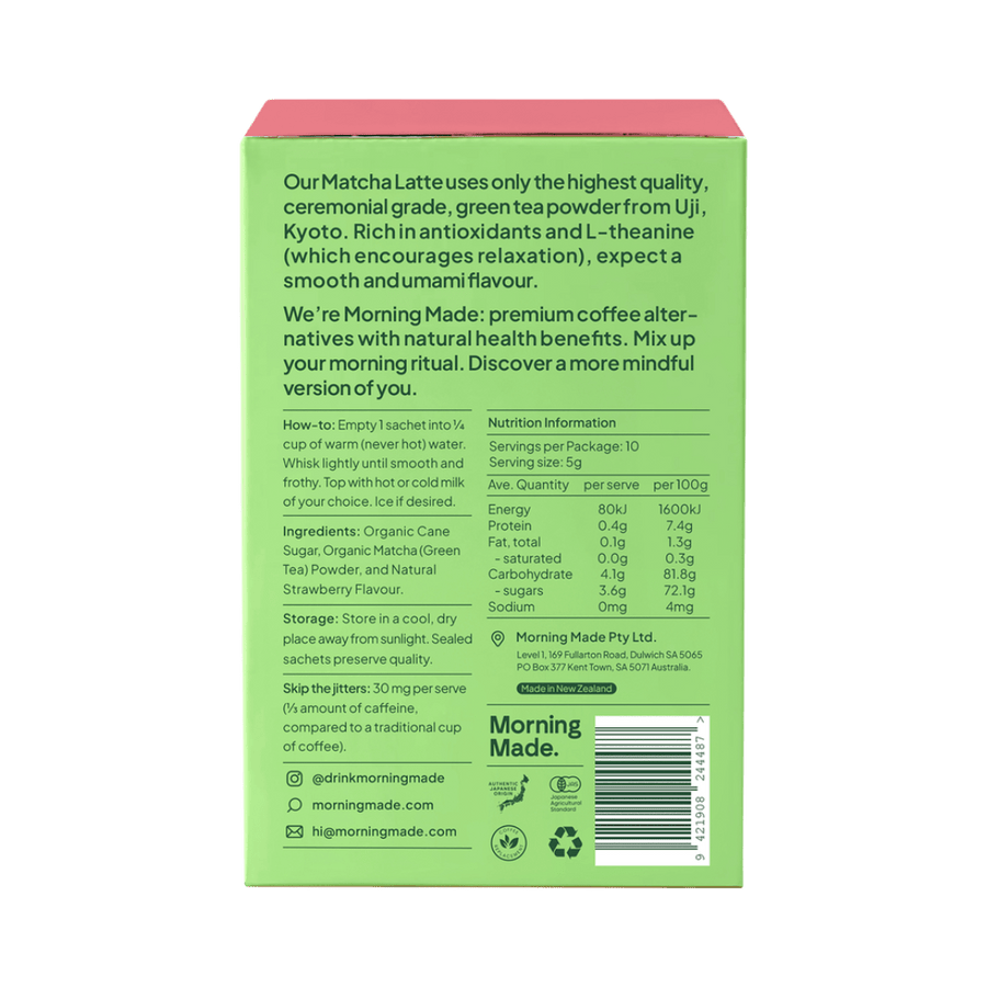 Back view of Morning Made Strawberry Matcha Latte Sachets with product details.