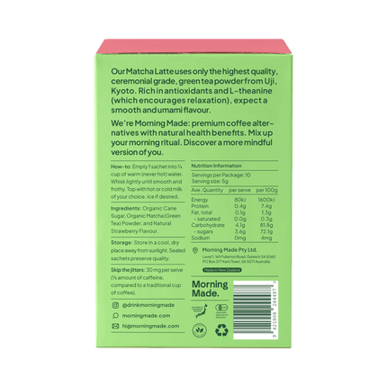 Back view of Morning Made Strawberry Matcha Latte Sachets with product details.