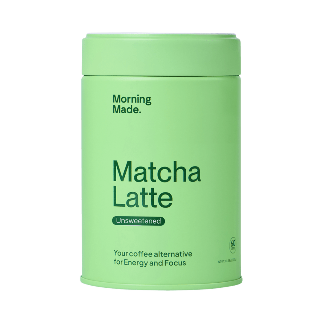 Green container of 'Matcha Latte' by 'Morning Made' on a green background