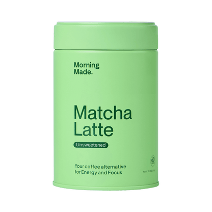 Green container of 'Matcha Latte' by 'Morning Made' on a green background