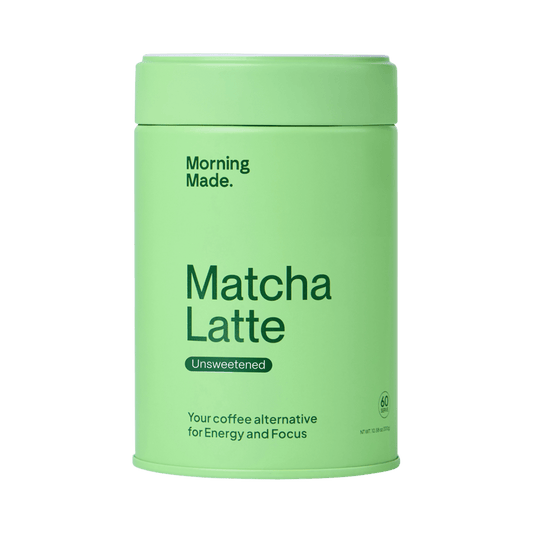 Green container of 'Matcha Latte' by 'Morning Made' on a green background