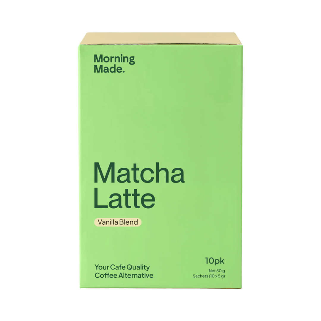 Green box of Matcha Latte Vanilla Blend coffee alternative on a green background