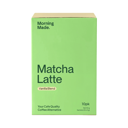 Green box of Matcha Latte Vanilla Blend coffee alternative on a green background