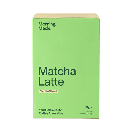 Green box of Matcha Latte Vanilla Blend coffee alternative on a green background