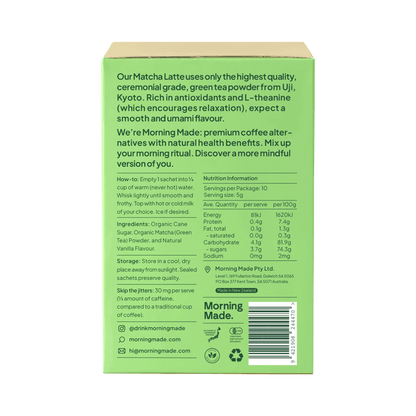 Green box of Morning Made matcha latte with text and nutrition information on a green background